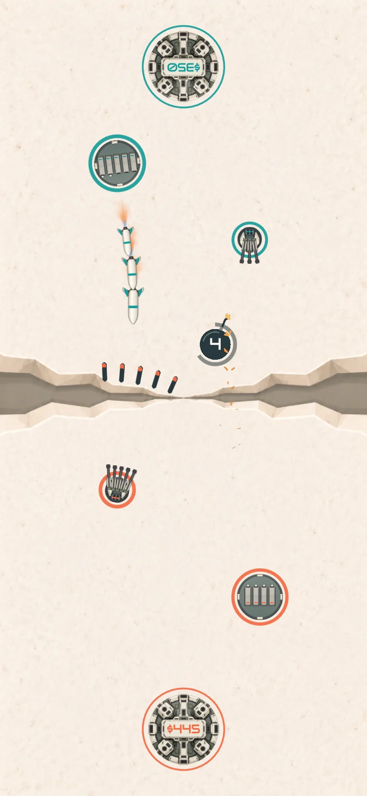 A ticking bomb aimed across the canyon while a five-barrel machine gun intercepts incoming rockets