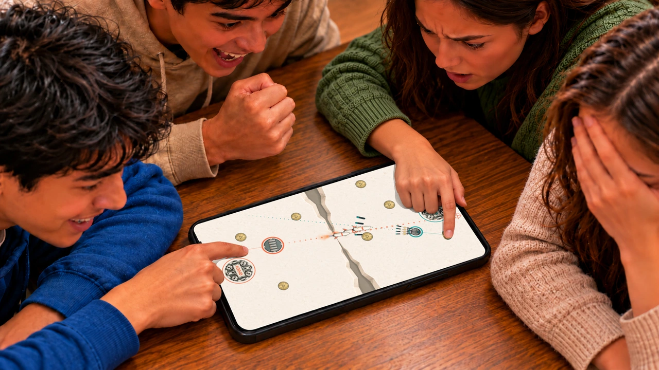 Four friends seated around one phone: two players attack and defend while one friend cheers and another facepalms