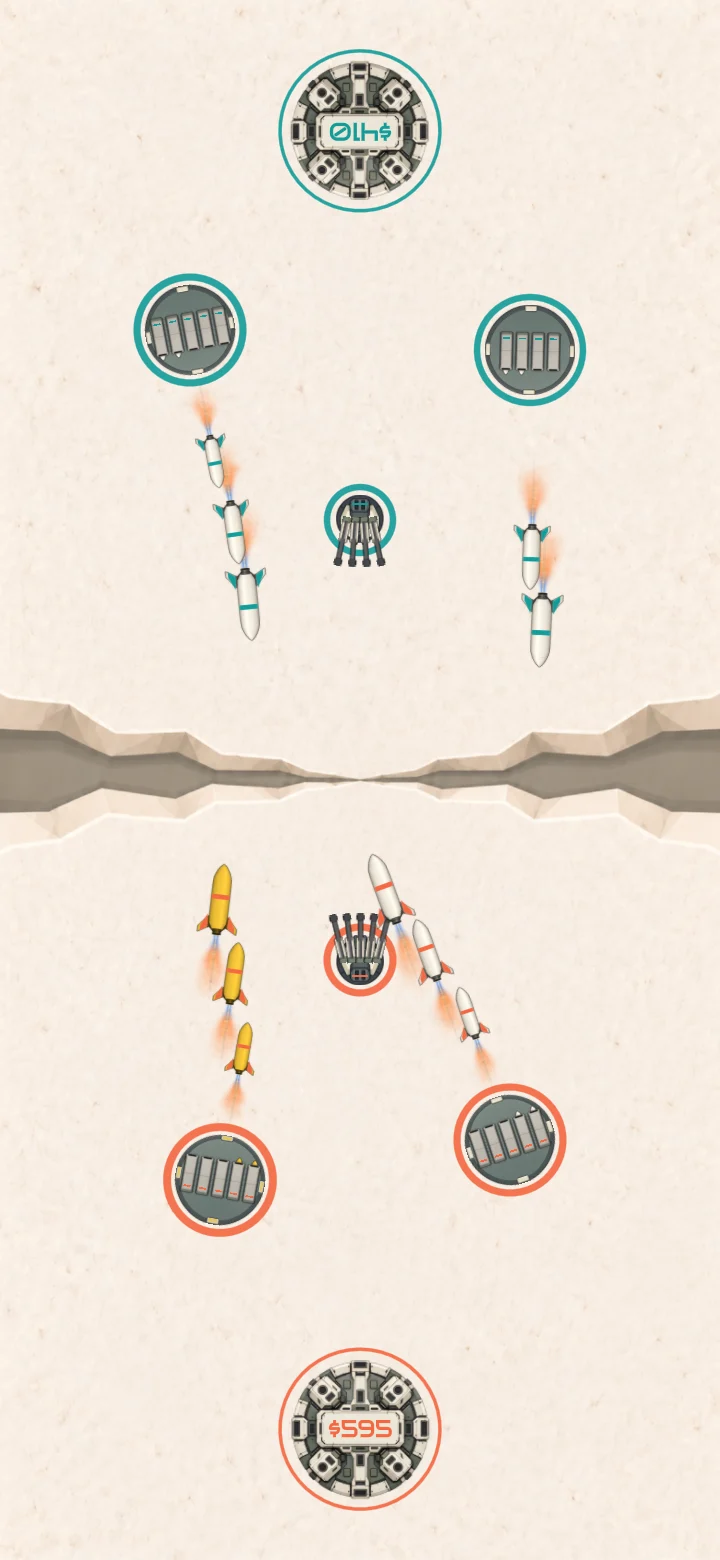Five-tube missile batteries launching salvos across the canyon with an active aiming reticle