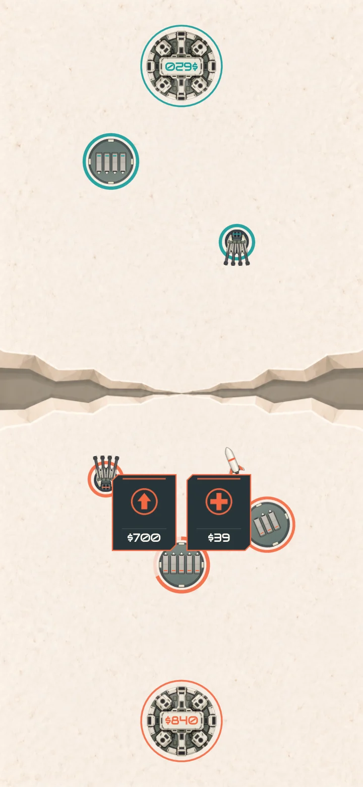 In-place weapon menu showing Upgrade and Repair actions on a five-tube launcher